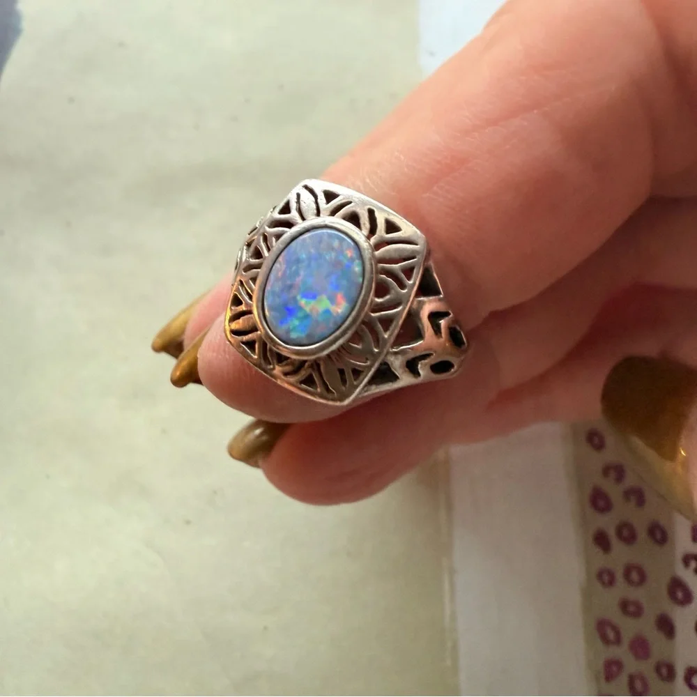 🌟 Sterling Silver Filigree Opal Ring – Size 5 🌟 - Picture 16 of 17